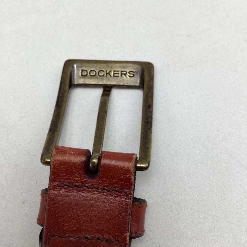 Dockers Mens Braided Woven Belt Brown Leather Tab Brass Buckle 48 120 17D00408